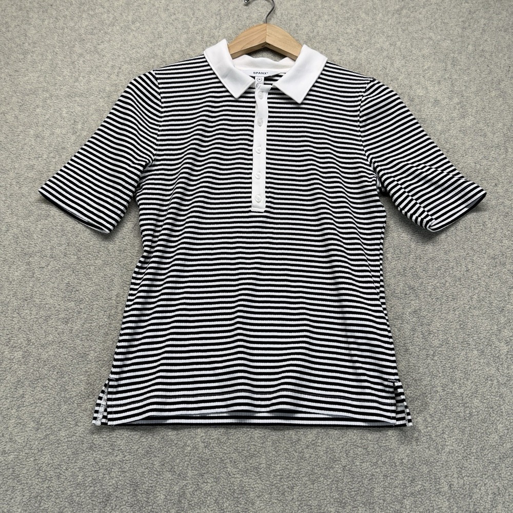 SPANX AirEssentials Striped Polo Shirt Black White Women's Medium Stretch
